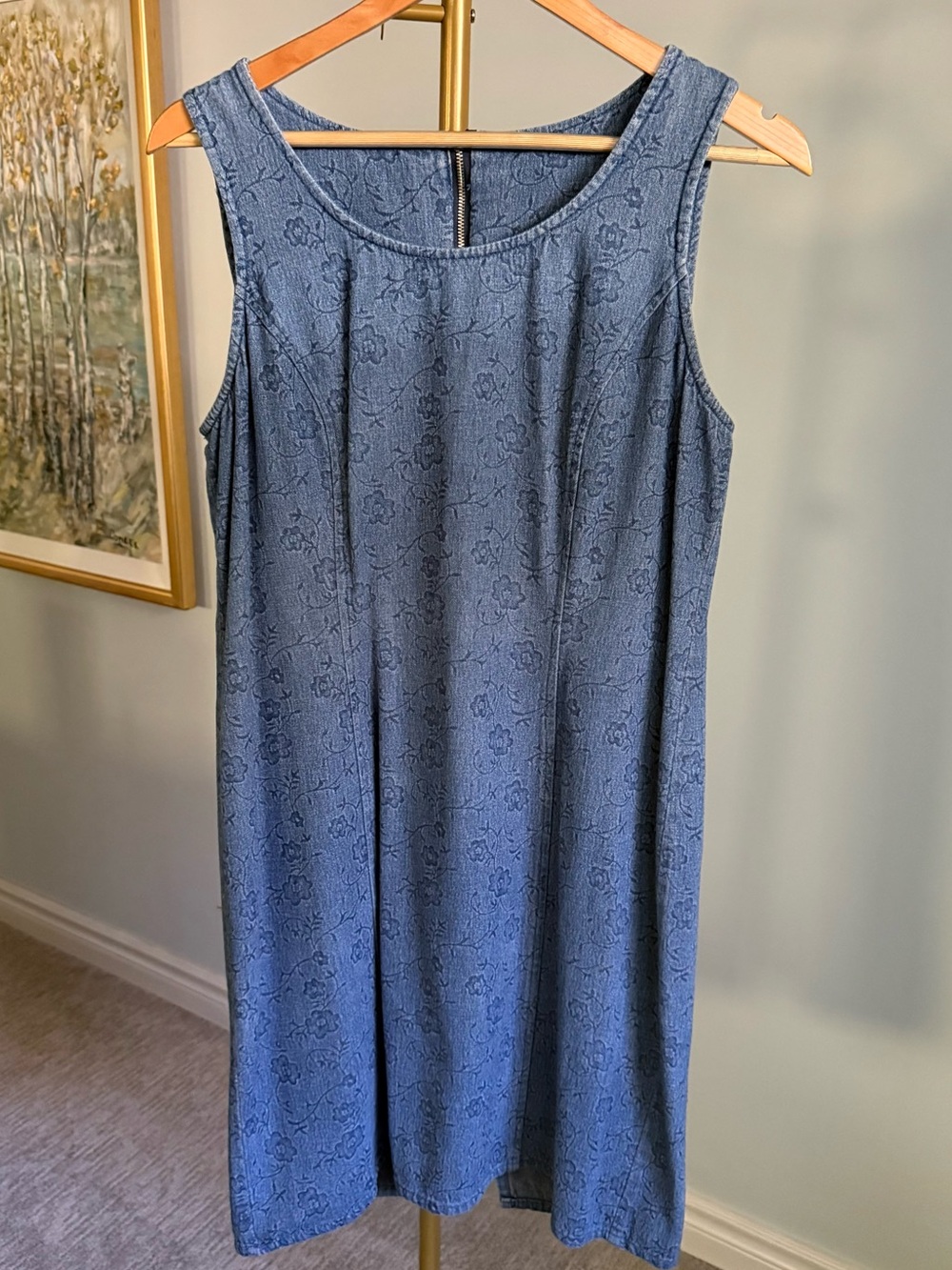 Vintage Blue Denim Look Dress Soft Floral Midi Minimal 90s